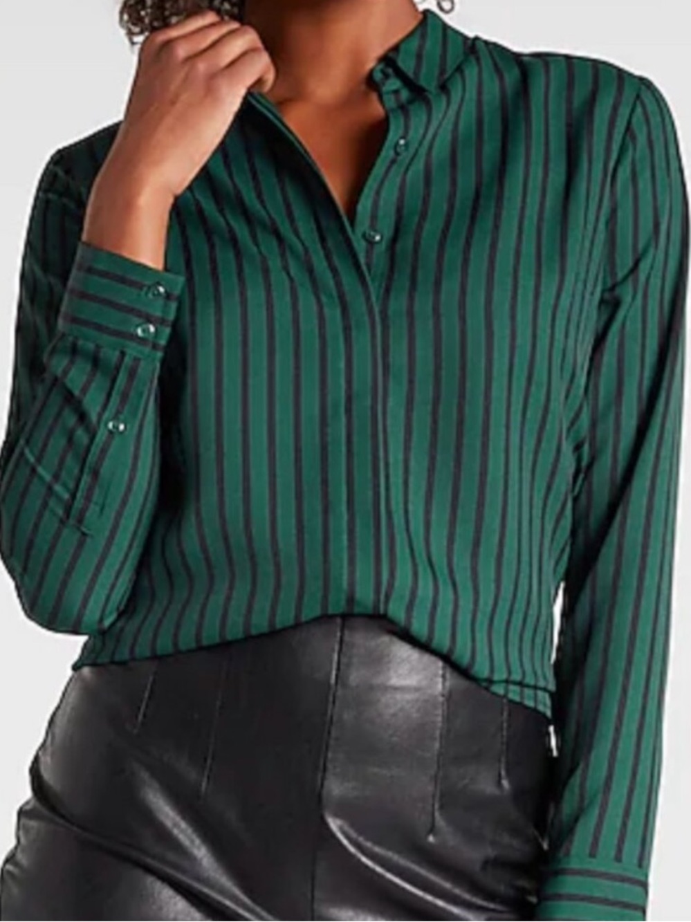 Express Green and Black Vertical-Stripe Button-Down Shirt